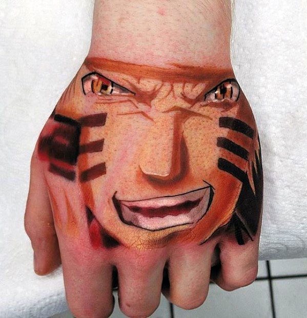 Hand tattoo featuring Naruto's grinning face in vibrant colors