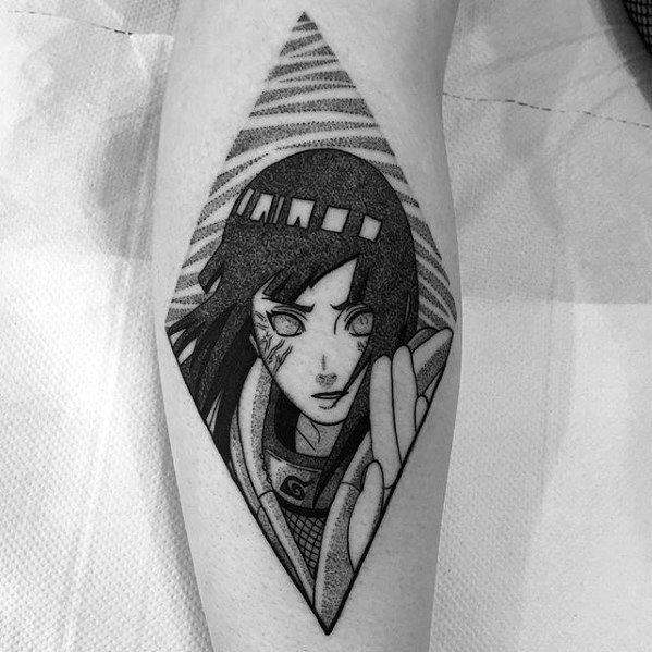 Black and white tattoo of Hinata Hyuga in a diamond-shaped design with intricate line work