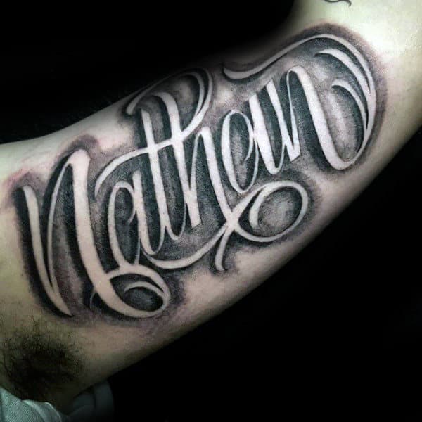 Nathan Mens Memorial Script Bicep Tattoo Designs