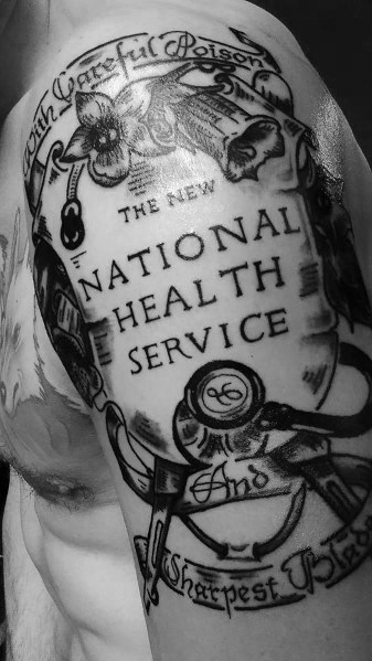 Intricate NHS tribute tattoo featuring a stethoscope and bold lettering, symbolizing dedication to healthcare and appreciation for the National Health Service.