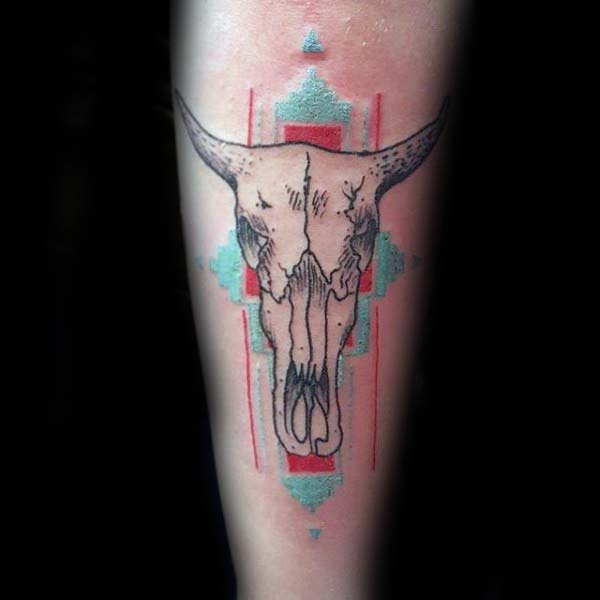 Native American Bull Skull Guys Blue And Red Ink Forearm Tattoos