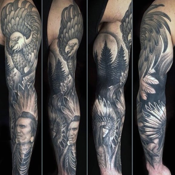 Native American Eagle Original Male Full Sleeve Tattoo Design Ideas