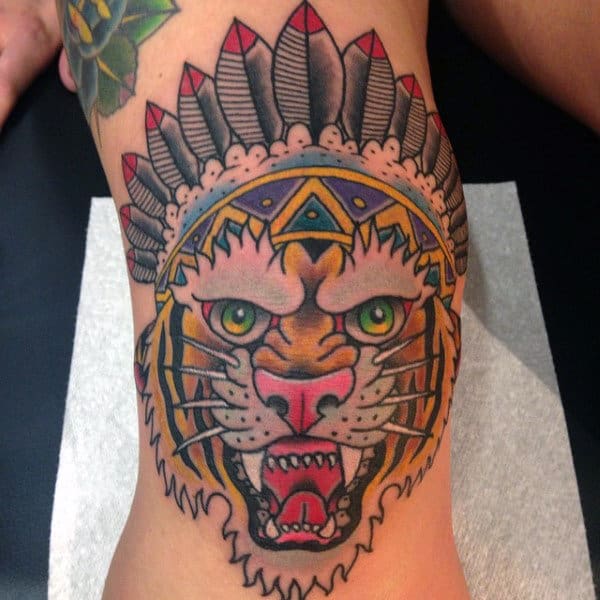 Native American Feather Head Tiger Mens Traditional Arm Tattoos