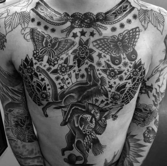 Native American Horseback Rider Traditional Guys Chest Tattoos