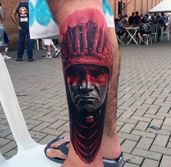 Native American Indian Guys 3d Leg Tattoos