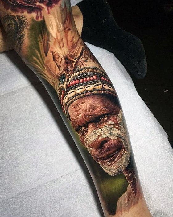 Native American Indian Guys Hyper Realistic Leg Sleeve Tattoo