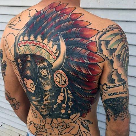 Native American Indian Mens Full Back Bison Tattoo