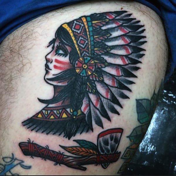 Native American Themed Tomahawk Tattoos For Men On Thigh Of Leg