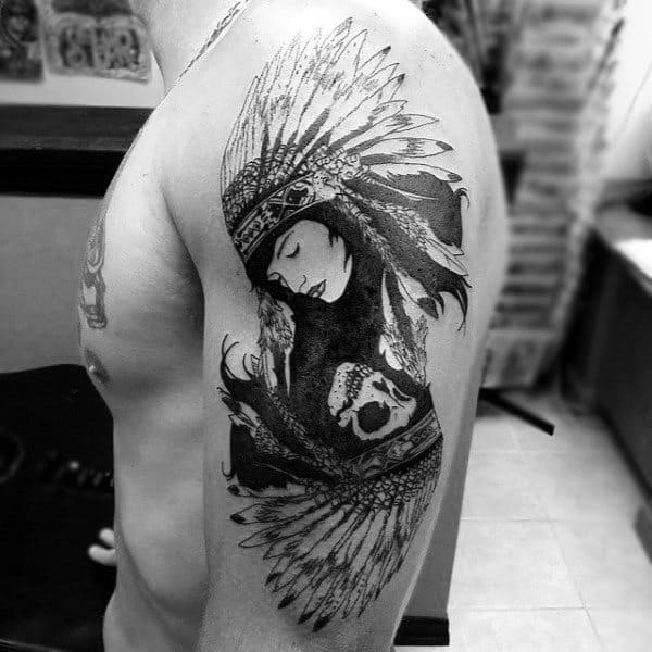 Native American Woman Indian Skull Mens Arm Tattoo