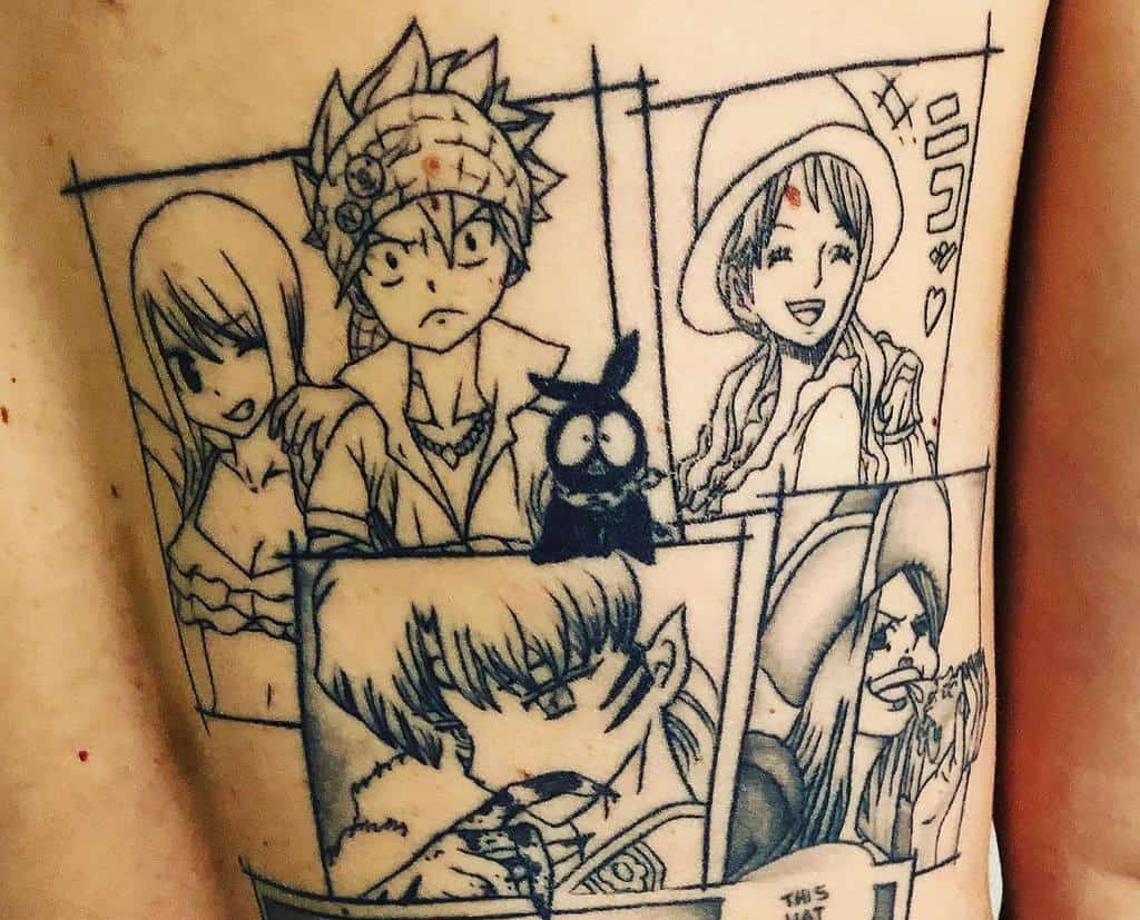 This manga-style tattoo features panels from *Fairy Tail* and *One Piece*, capturing expressive moments. Are you planning to add color?