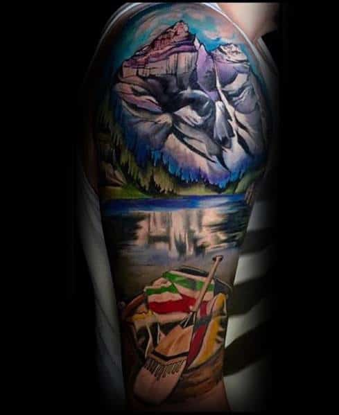 Natur Mountains With Raft Half Sleeve Rad Tattoo Designs For Guys