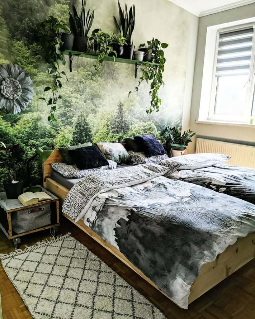 Nature-inspired bedroom with forest wallpaper, wooden bed frame, and cozy decor elements.