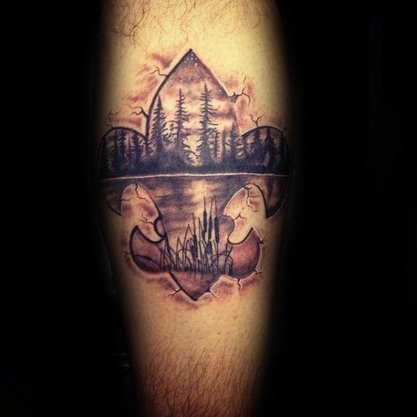 Nature Landscape Fleur De Lis Mens Stone Arm Tattoos