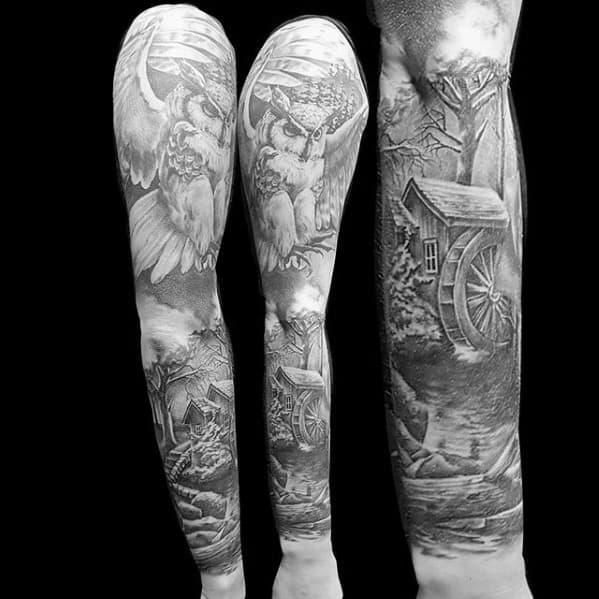 Nature Landscape River Stream With Flying Owl Sleeve Tattoo For Men