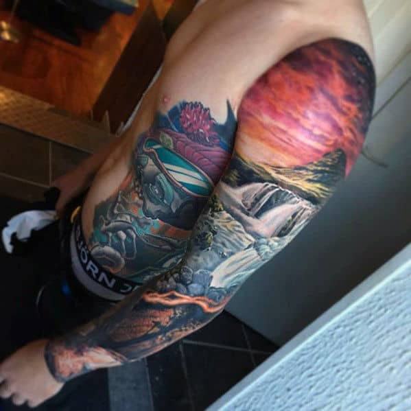 Nature Landscape Waterfall Mens 3d Sleeve Tattoo
