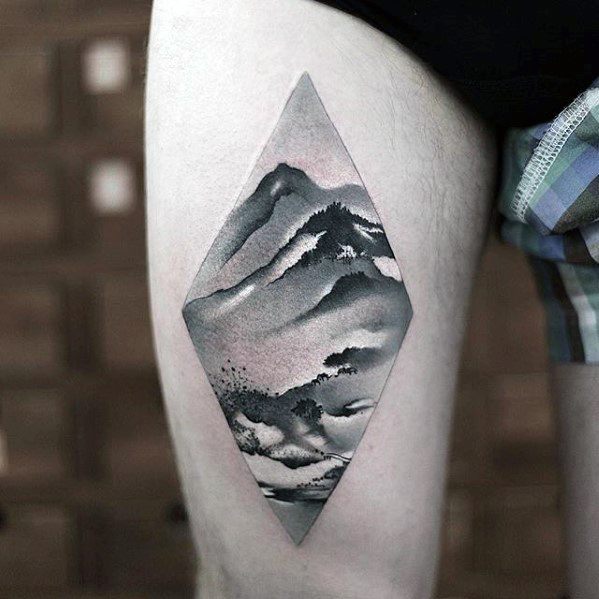 Nature Mountains Landscape Watercolor Mens Small Unique Tattoo On Thigh
