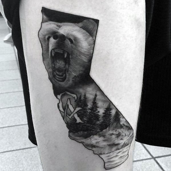 Nature Scene California Bear Mens Thigh Tattoo Designs
