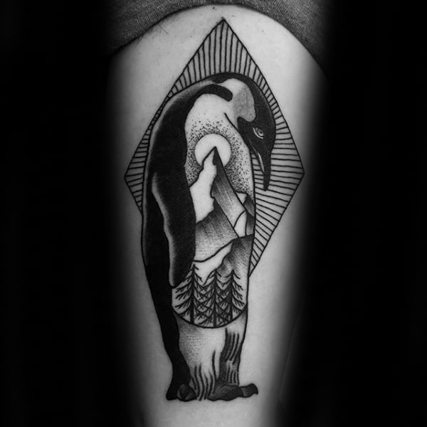 Nature Scene Penguin Mens Thigh Tattoos