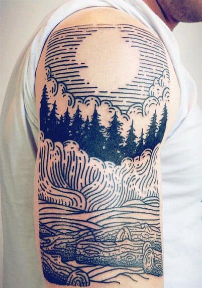 Nature Scene With Sun And Pine Trees Line Tattoo On Man