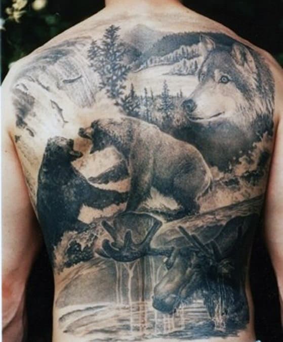 Nature Themed Outdoors Moose Mens Full Back Realistic Tattoo