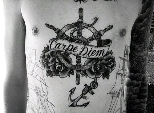Nautical Carpe Diem Scroll With Ship Wheel And Anchor Chest Tattoos For Men