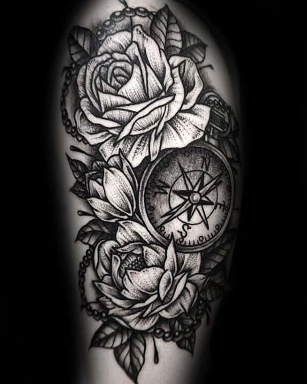 Nautical Compass Peony Mens Upper Arm Tattoos