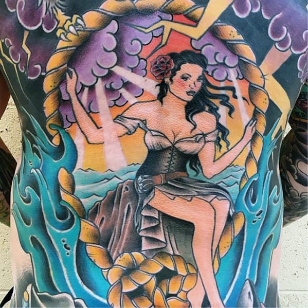 Nautical Guys Female Portrait With Clouds Traditional Full Chest Tattoos