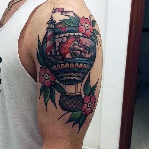 Nautical Hot Air Balloon Mens Upper Arm Tattoo Ideas