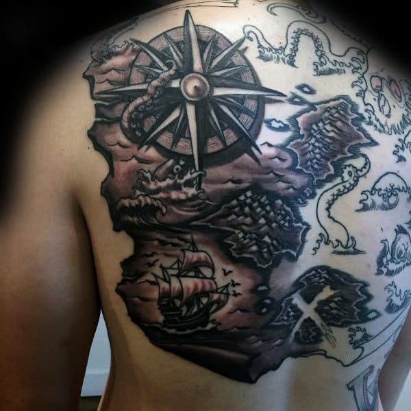 Nautical Kraken Map Back Tattoos For Guys