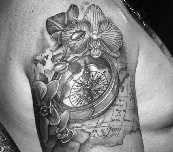 Nautical Map And Compass With Orchid Flowers Quarter Sleeve Tattoo