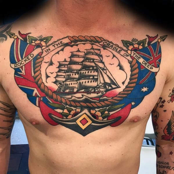 Nautical Sailing Ship Anchor Male Chest Tattoo