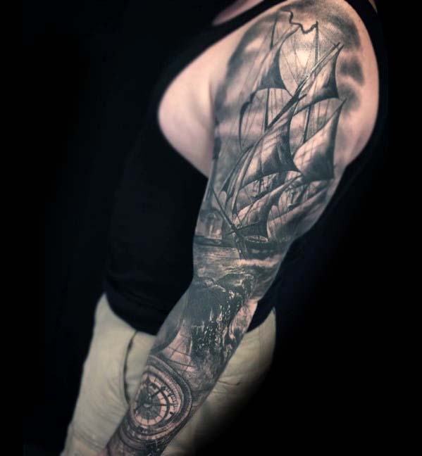 Nautical Sleeve Shaded Tattoo Design Ideas For Gentlemen