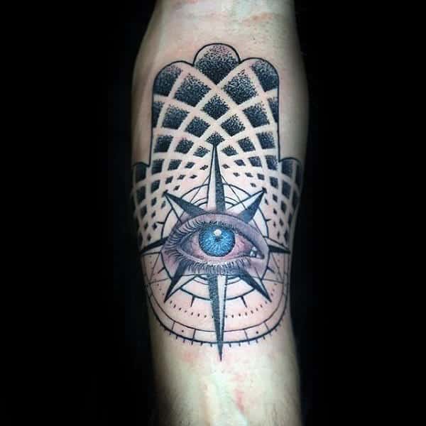 Nautical Star With Hamsa Guys Inner Forearm Tattoo