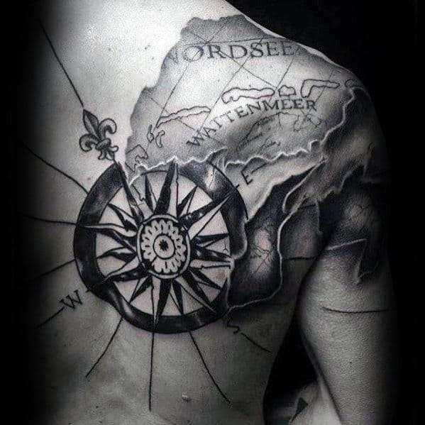 Nautical Star With Map Guys Cool Back Tattoo