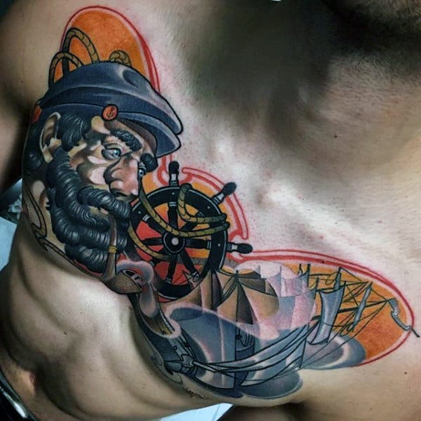 Nautical Themed Guys Colorful Chest Tattoos