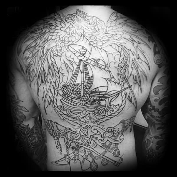 Nautical Themed Male Polish Eagle Back Tattoos