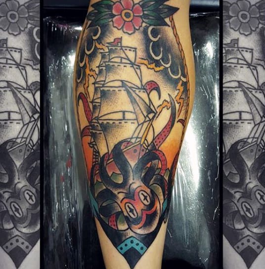 Nautical Themed Male Traditional Octopus Tattoo On Shin