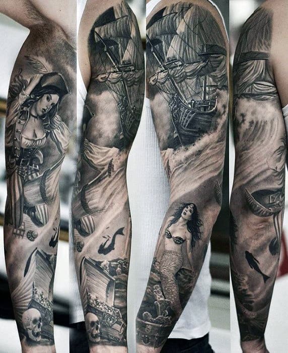 Nautical Themed Mens Black And Grey 3d Sleeve Tattoo