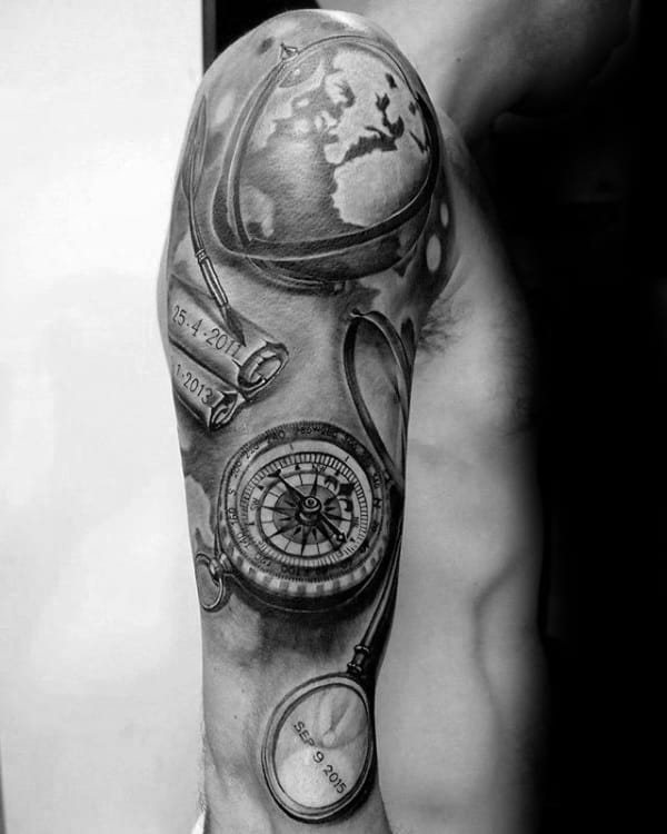 Nautical Themed Mens Globe Sleeve Tattoos