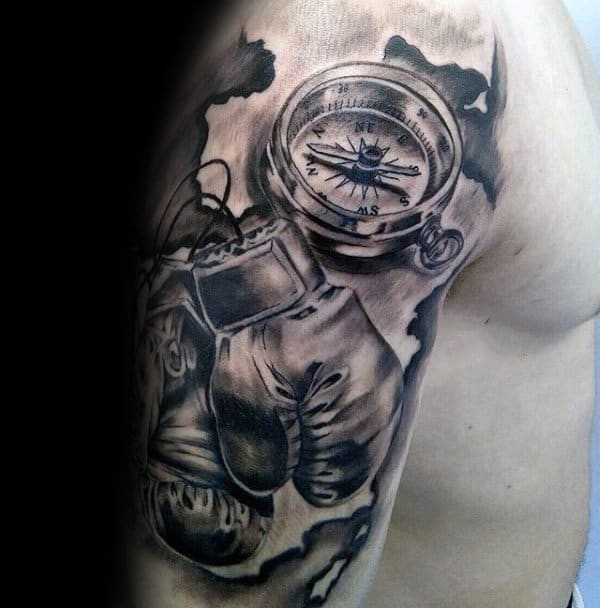 Nautical Themed Mens Shaded Half Sleeve Boxing Gloves With Compass Tattoo For Men