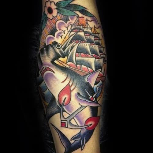 Nautical Traditional Shark Mens Leg Tattoo Ideas