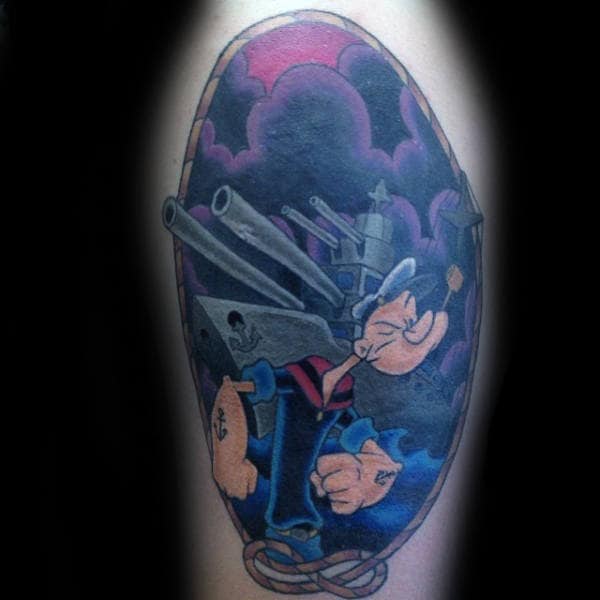 Navy Battle Ship With Popeye Mens Thigh Tattoo Ideas