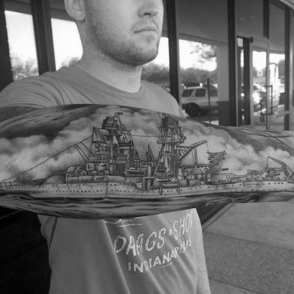 Navy Battleship Guys Ww2 Outer Forearm Tattoos