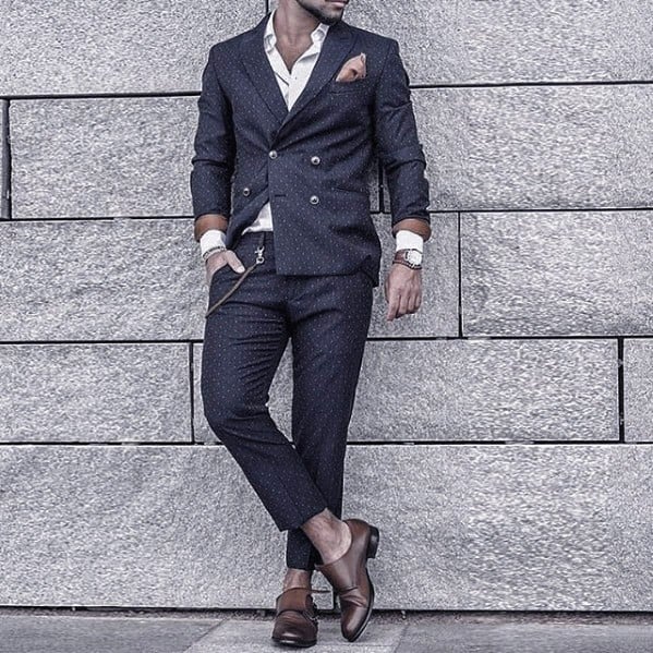 Navy Blue Double Breasted Suit Brown Shoes Style For Men