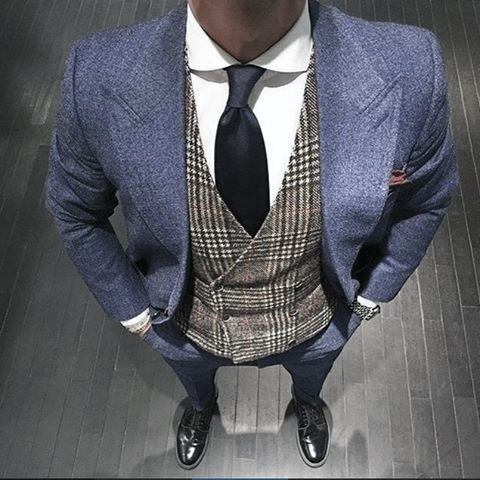 Navy Blue Peak Lapel Suit Grey Vest Black Shoes Style Looks For Men
