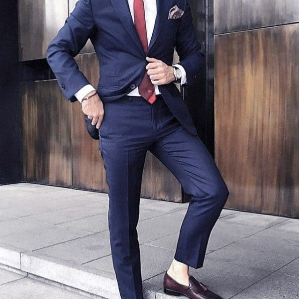 Navy Blue Suit Brown Shoes Male Style