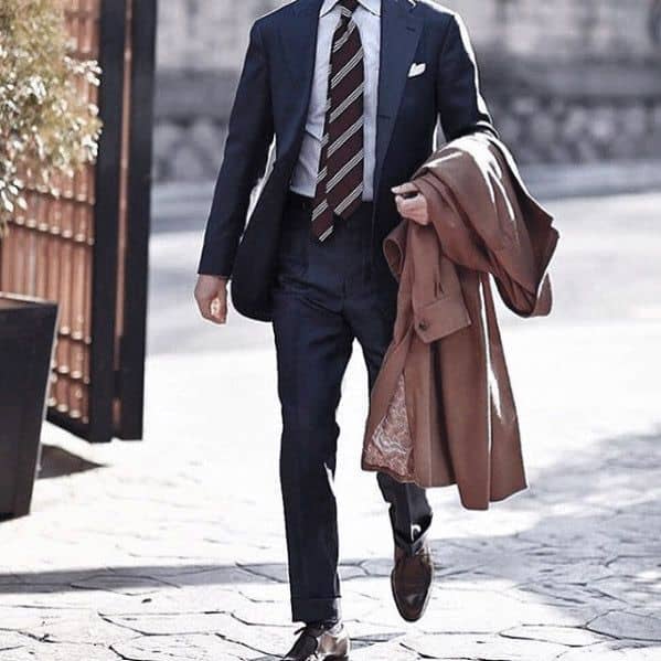 Navy Blue Suit Brown Shoes Striped Tie Style Ideas For Guys