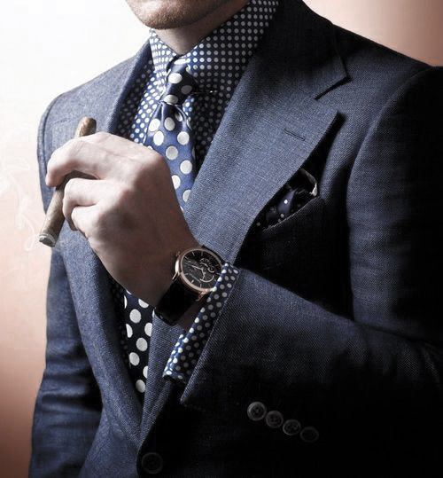 Navy Blue Suit Outfits For Men With Large Polka Dot Tie