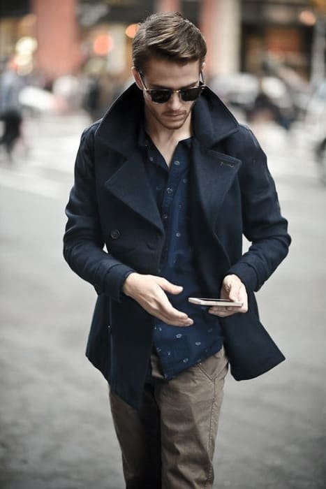 Navy Coat With Pattern Shirt Guy Winter Outfits Style