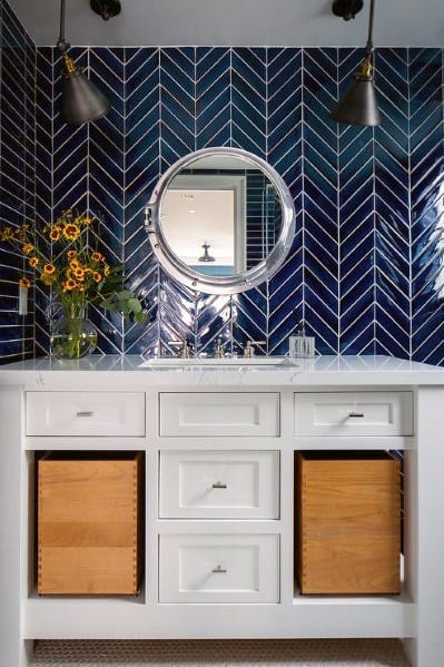 modern bathroom blue subway tiles wall white cabinet vanity